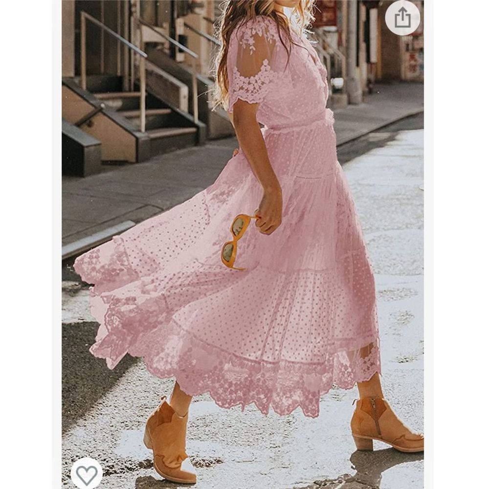 V Neck Floral Lace Maxi Dress - Pink